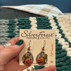Silver Forest Festive Pumpkin Earrings with Green Accents